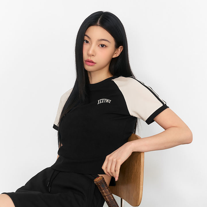 XFK2TS1101 Raglan Colorblock Crop Short Sleeve Black TOP