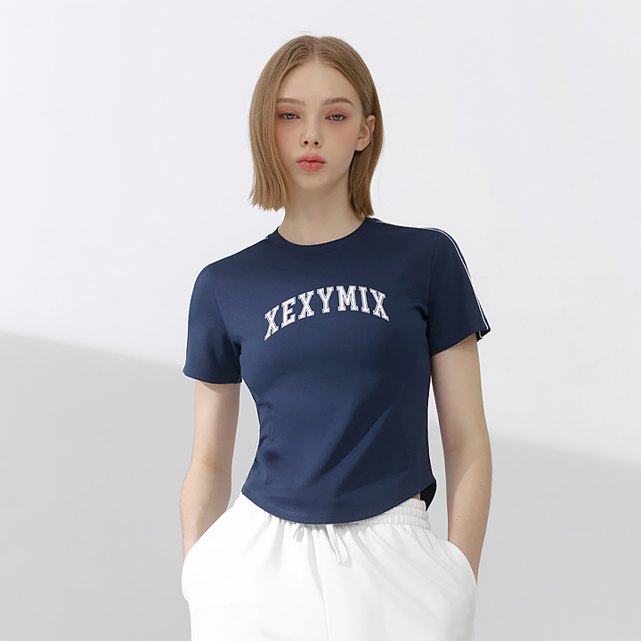 XFK2TS1102 Piping color combination Crop Short Double Navy TOP