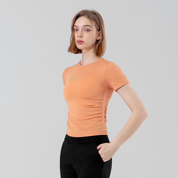 XFK2TS1009 ZeroSlick Seamless Side Shirring Short Sleeve Autumn Orange TOP