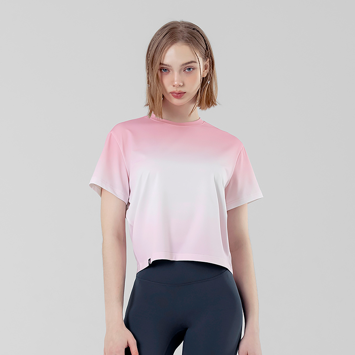 XFK2TS1109 Ice Feather Gradation Crop Short Party Pink top