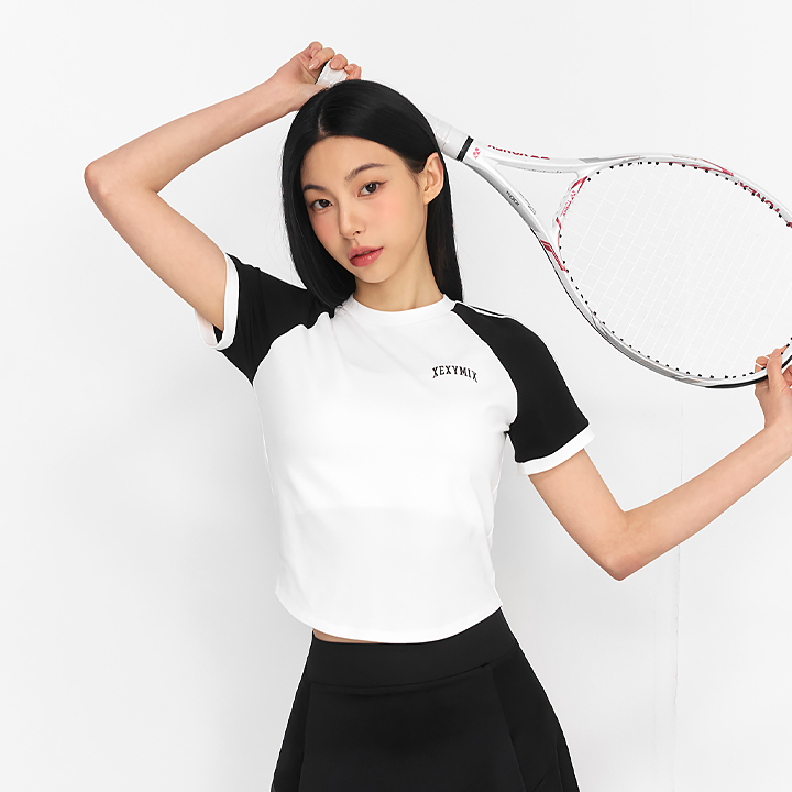 XFK2TS1101 Raglan Colorblock Crop Short Sleeve Ivory TOP