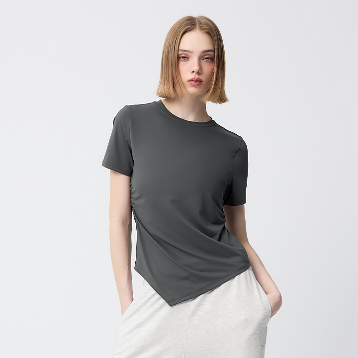XFL2TS1004 Ice Feather Light 2.0 Asymmetric Shirred Short-Sleeve Top