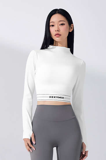XFK4TL1001 Soft Logo Banding Mock Neck Long Sleeve Top
