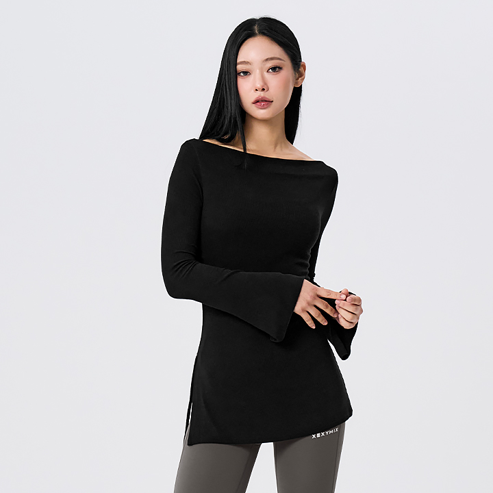 XFL3TL1129 Ribbed Off-shoulder One-Slit Long Top
