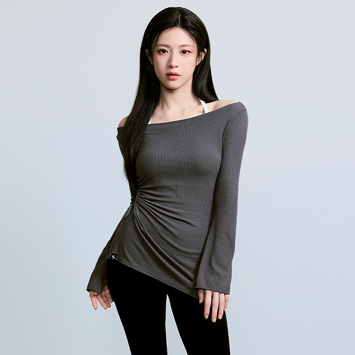 XFL3TL1129 Ribbed Off-shoulder One-Slit Long Top
