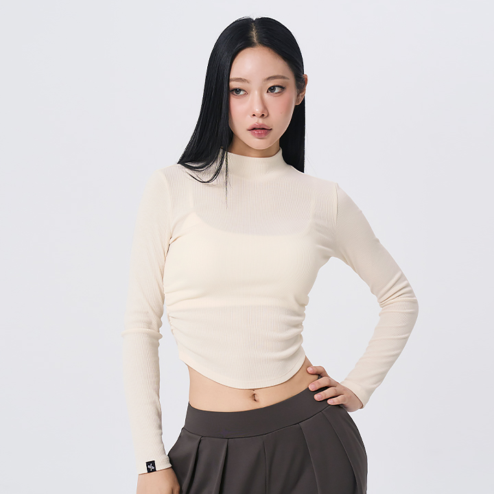 XFL4TU1123 Ribbed Shirred Mock Neck Crop Long Top