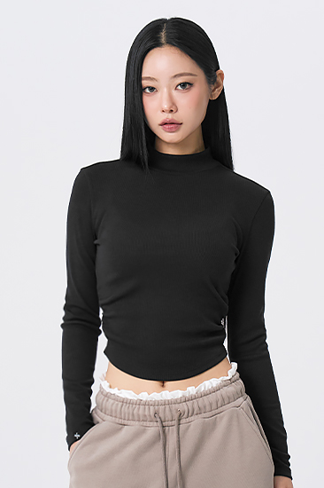 XFL4TU1123 Ribbed Shirred Mock Neck Crop Long Top