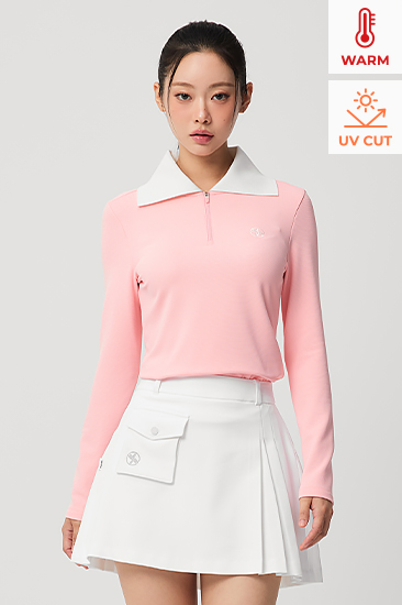 XFL3QL1202 Waffle Peach Color Block Collar Half-Zip TOP