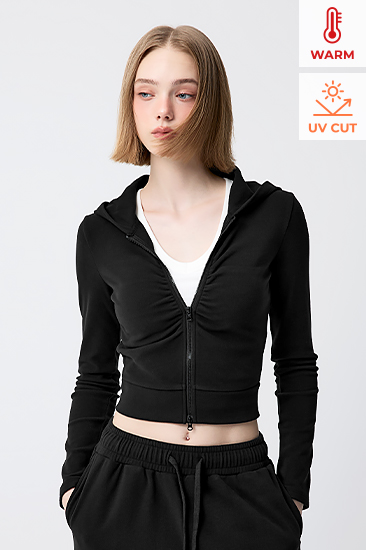 XFL3JL1113 Easy Warm Shirring Two-Way Hood Zip-Up TOP