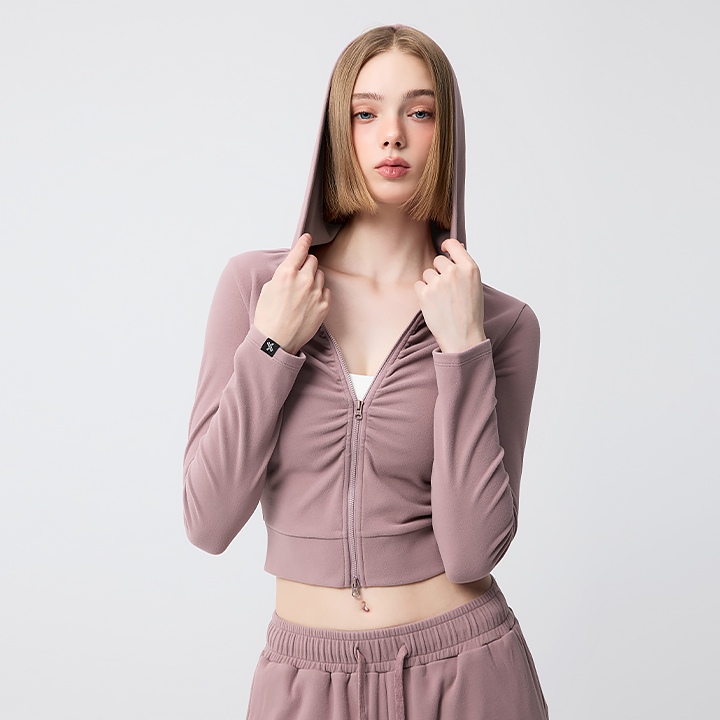 XFL3JL1113 Easy Warm Shirring Two-Way Hood Zip-Up TOP